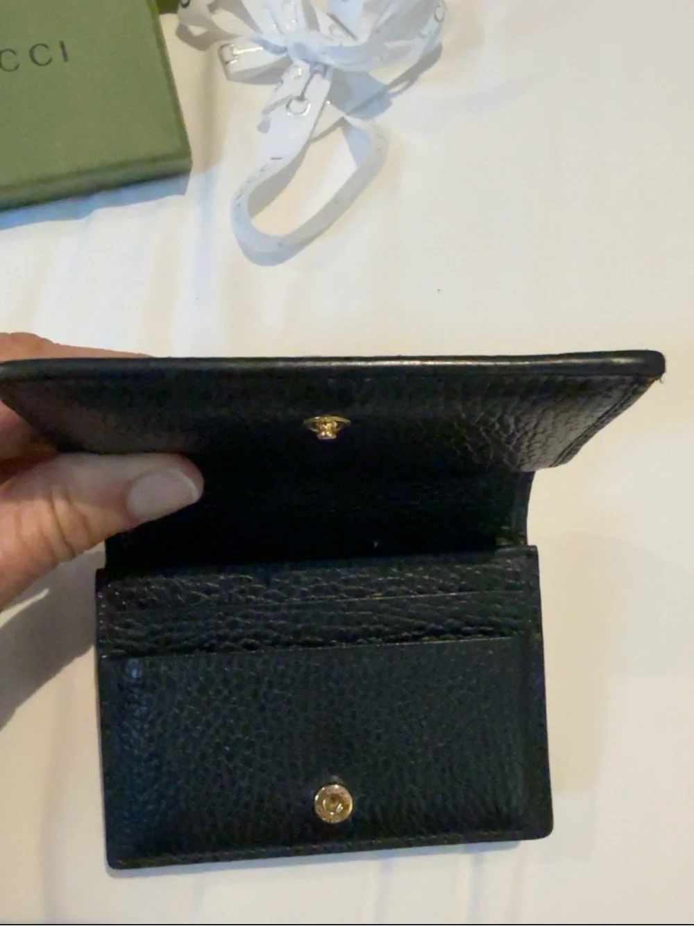 Gucci Beige GG Canvas and Black Leather Card Holder with Gold Double G